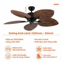 Quạt trần trang trí vân gỗ 5 cánh động cơ DC có remote Nanoco model NCFD5251 công suất 35W