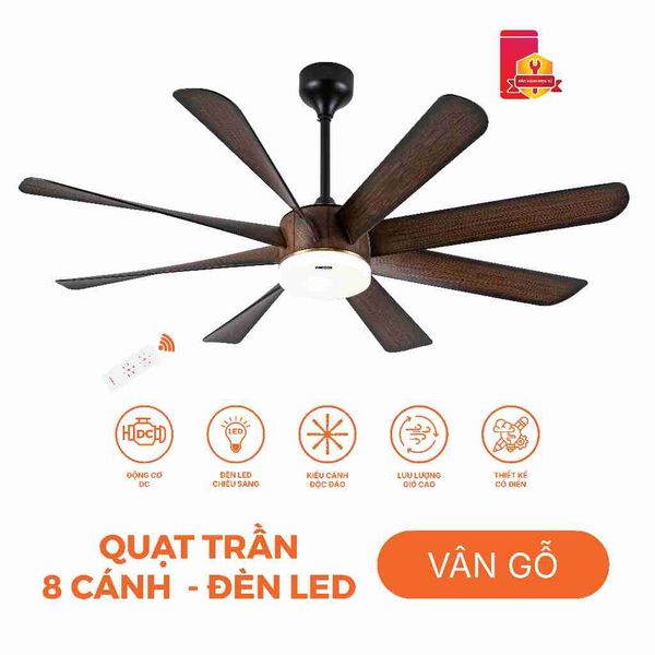 Quạt trần trang trí vân gỗ 8 cánh động cơ DC có remote Nanoco model NCFD6089L công suất 65W