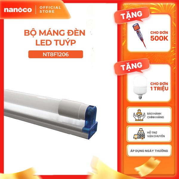 Bộ máng đèn LED tuýp T8 thủy tinh 10W/20W Nanoco ánh sáng vàng/trắng