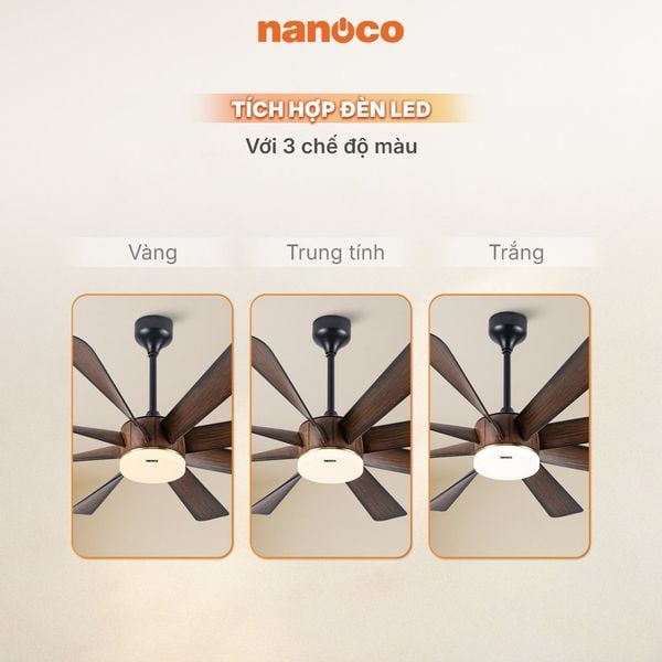 Quạt trần trang trí vân gỗ 8 cánh động cơ DC có remote Nanoco model NCFD6089L công suất 65W