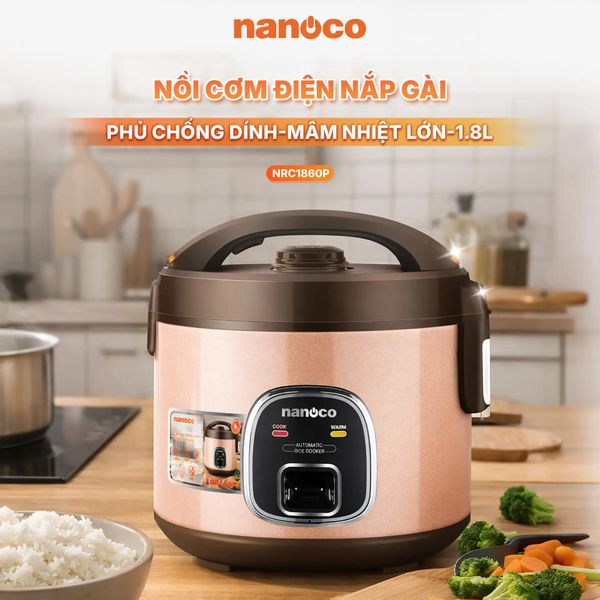 Nồi Cơm Điện Nắp Gài Nanoco NRC1860P 1.8L Màu Hồng - Công Suất 700W, Lòng Nồi Chống Dính, Nắp Trong Tháo Rời