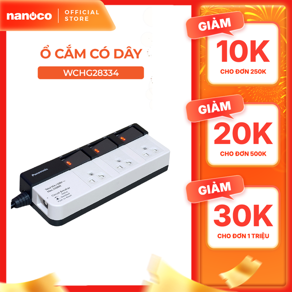 Ổ cắm có dây model WCHG28334 (công suất 3500W, 3 ổ cắm 3 chấu,3 công tắc)