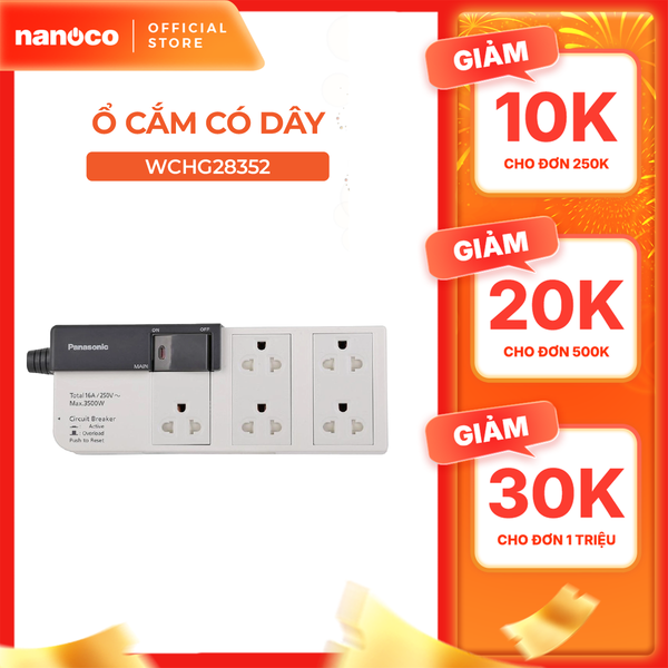 Ổ cắm có dây model WCHG28352 (công suất 3500W, 5 ổ cắm 3 chấu,1 công tắc)