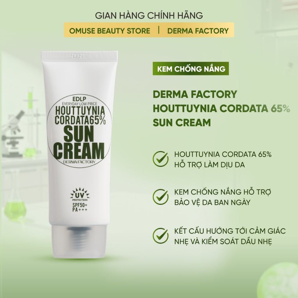 Kem Chống Nắng Làm Dịu Và Bảo Vệ Da Derma Factory Houttuynia Cordata 65% Sun Cream 50g Hỗ Trợ Giảm Mụn, Kiểm Soát Dầu