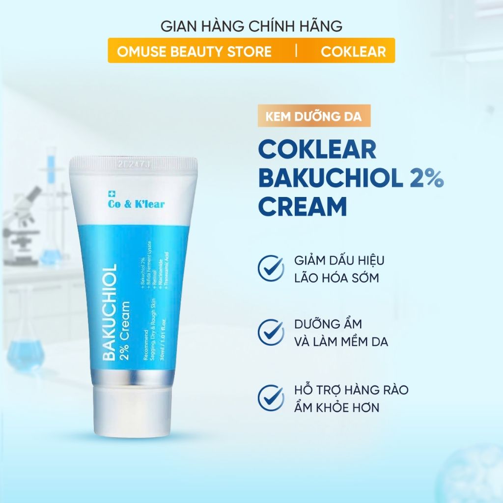 Kem Dưỡng Coklear Bakuchiol 2% Cream 30ml Hỗ Trợ Giảm Dấu Hiệu Lão Hóa, Làm Mịn Và Cải Thiện Độ Đàn Hồi Da