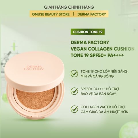 Phấn Nước Dưỡng Ẩm Và Nâng Tông Da Derma Factory Vegan Collagen Cushion Tone 19 SPF50+ PA++++ 15g Hỗ Trợ Che Khuyết Điểm