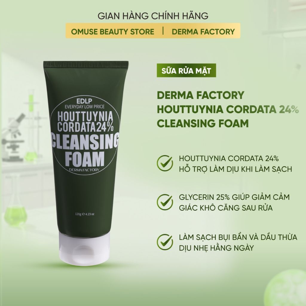 Sữa Rửa Mặt Làm Sạch Và Làm Dịu Da Derma Factory Houttuynia Cordata 24% Cleansing Foam 120g Hỗ Trợ Giảm Mụn