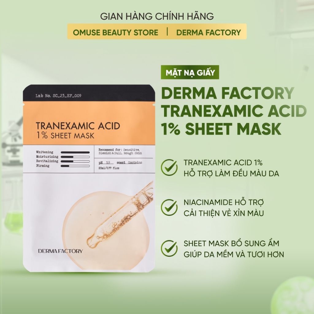Mặt Nạ Giấy Làm Sáng Da Derma Factory Tranexamic Acid 1% Sheet Mask 23ml Hỗ Trợ Mờ Thâm, Làm Đều Màu Và Cải Thiện Da Xỉn