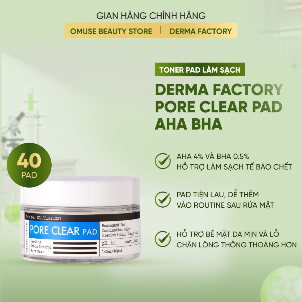 Toner pad chăm sóc lỗ chân lông Derma Factory Pore Clear Pad AHA BHA 40 miếng