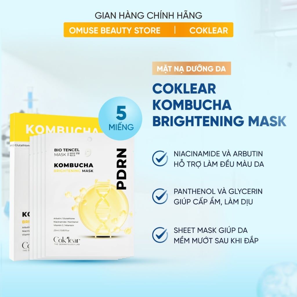 Mặt Nạ Làm Sáng Da Coklear Kombucha Brightening Mask 25ml x 5 miếng Hỗ Trợ Cấp Ẩm, Làm Sáng Và Cải Thiện Da Xỉn Màu