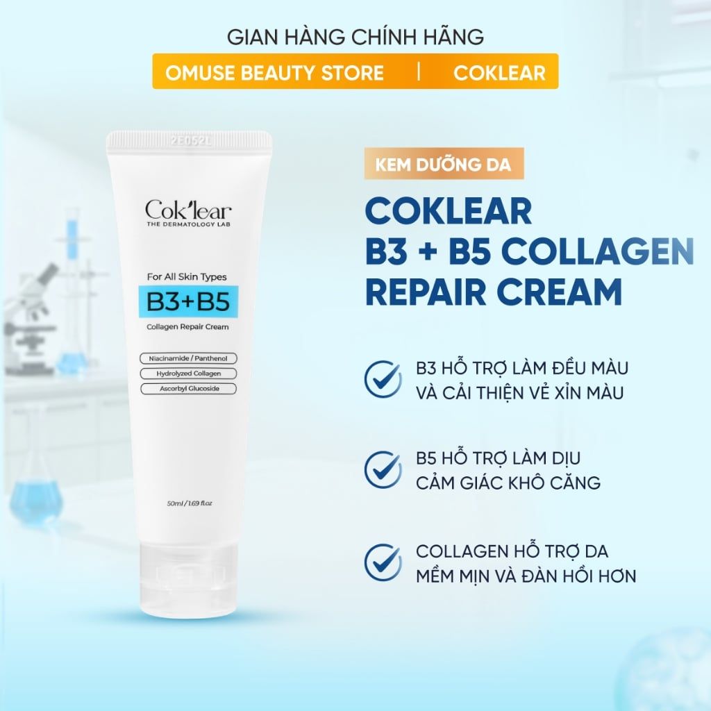 Kem Dưỡng Phục Hồi Da Coklear B3 + B5 Collagen Repair Cream 30ml Hỗ Trợ Cấp Ẩm, Làm Dịu Và Phục Hồi Làn Da Yếu