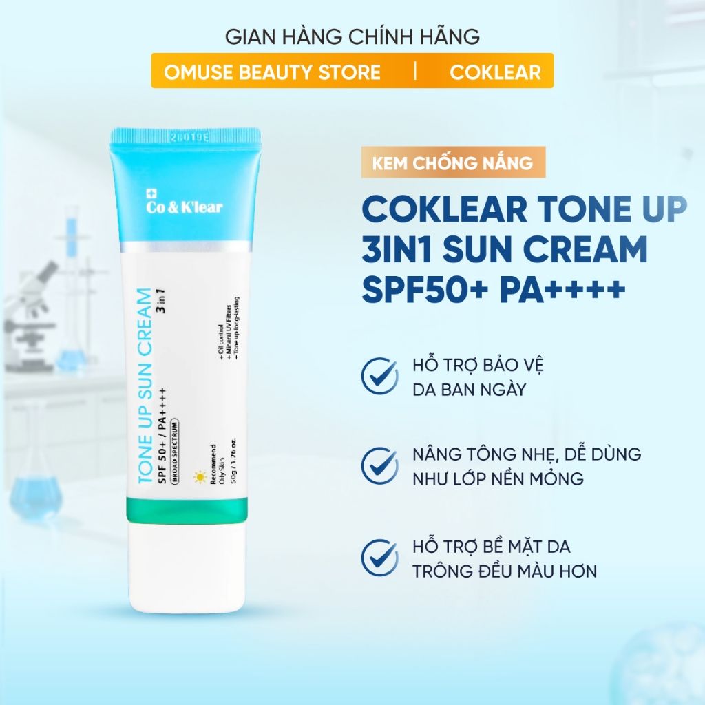 Kem Chống Nắng Nâng Tông Da Coklear Tone Up 3in1 Sun Cream SPF50+ PA++++ 50g Hỗ Trợ Bảo Vệ Da, Cấp Ẩm Và Nâng Tone Tự Nh