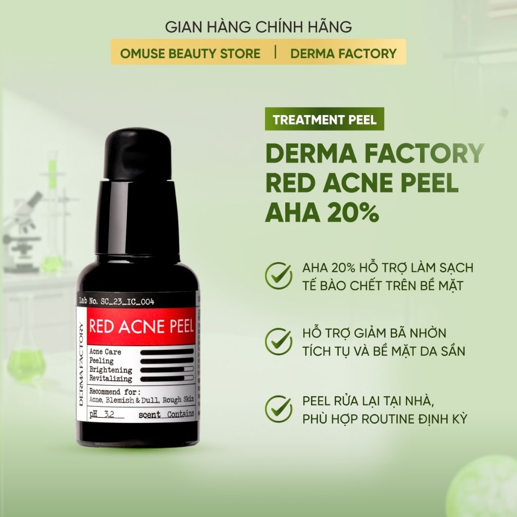 Tẩy Da Chết Hoá Học Giảm Mụn Derma Factory Red Acne Peel AHA 20% 30ml Hỗ Trợ Loại Bỏ Tế Bào Chết