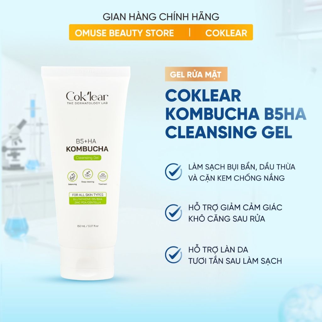 Gel Rửa Mặt Dịu Nhẹ Coklear Kombucha B5HA Cleansing Gel 150ml Hỗ Trợ Làm Sạch, Cấp Ẩm Và Giữ Da Mềm Mịn