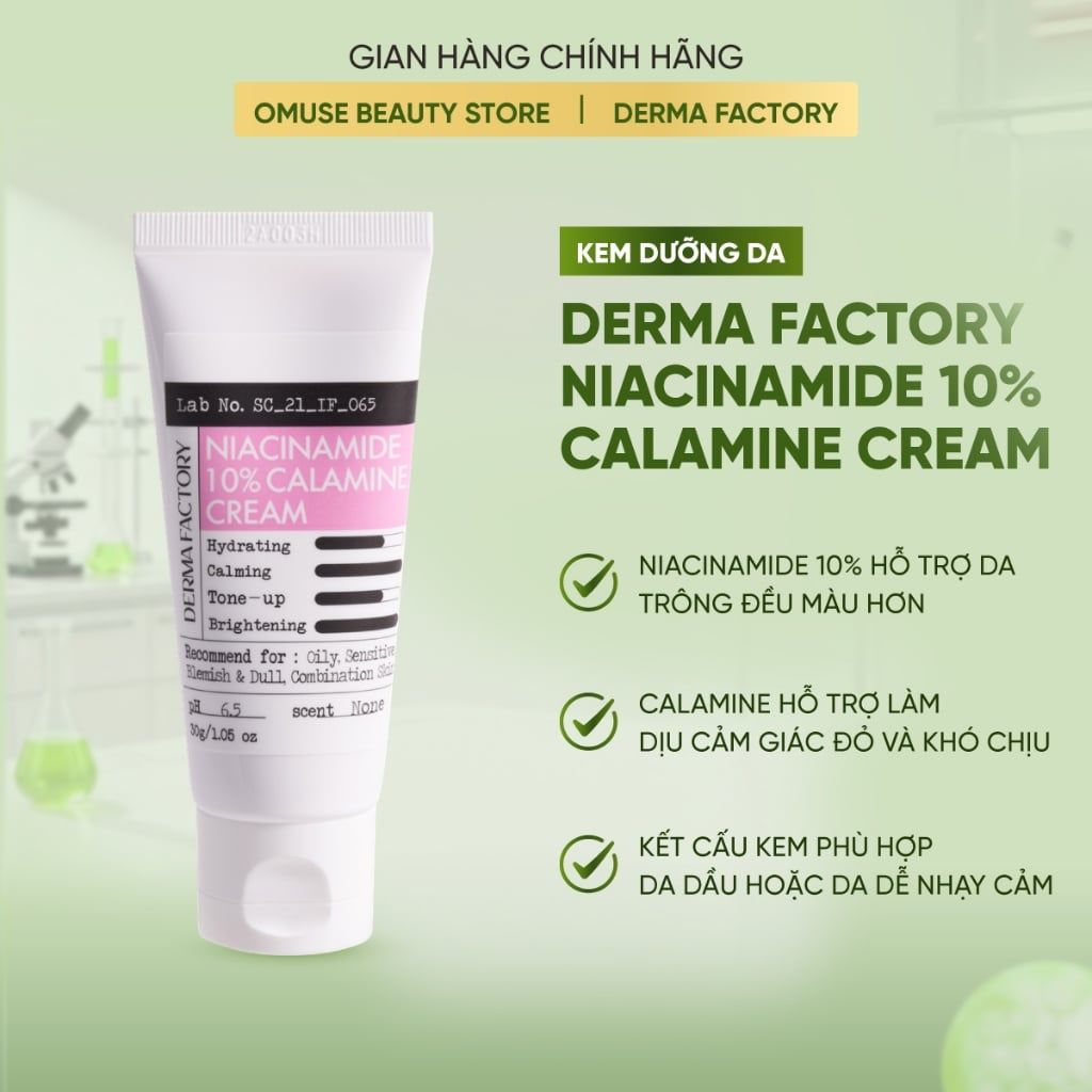 Kem Dưỡng Làm Dịu Và Kiểm Soát Dầu Derma Factory Niacinamide 10% Calamine Cream 30ml Hỗ Trợ Giảm Mụn, Làm Sáng Da