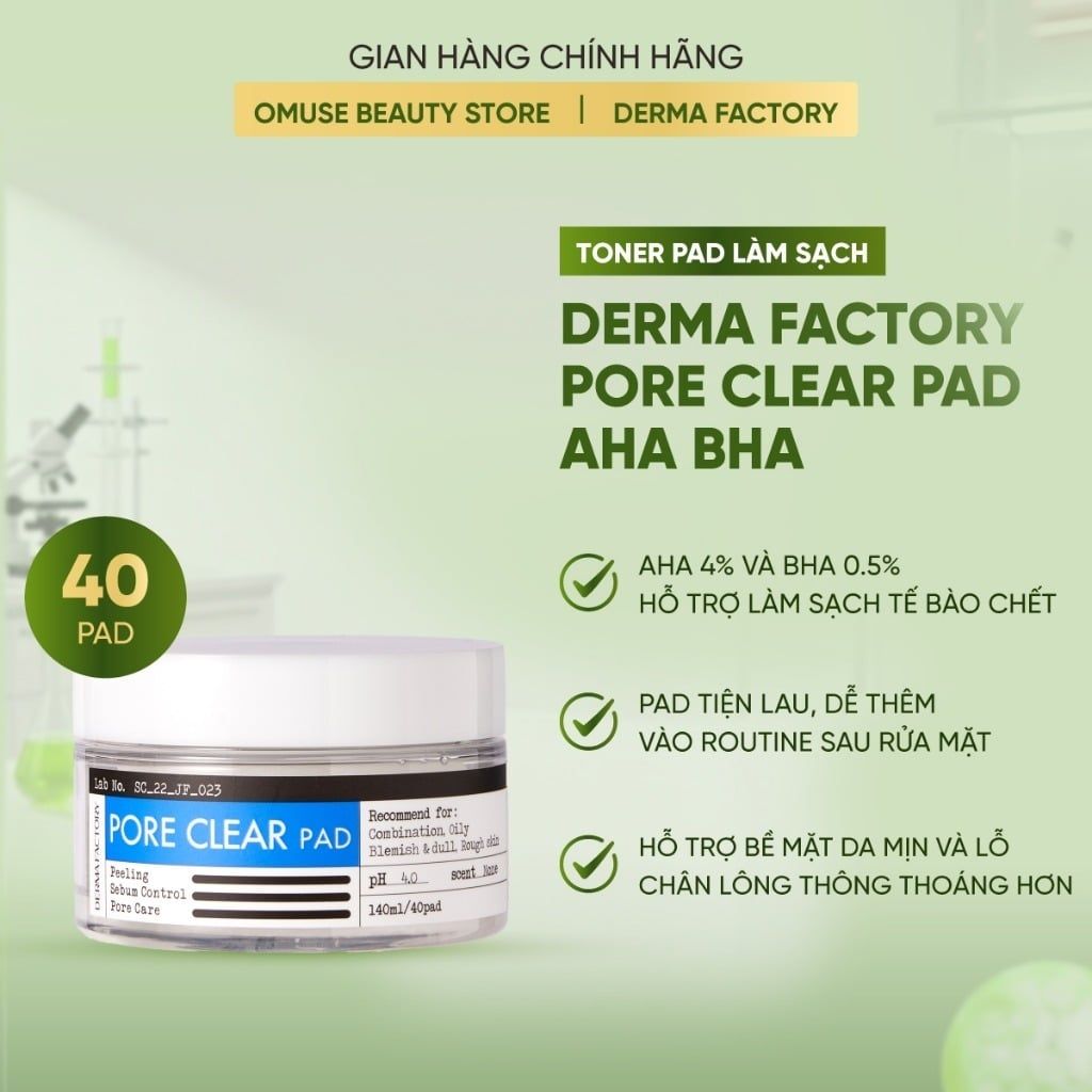 Toner pad dưỡng da, chăm sóc lỗ chân lông Derma Factory Pore Clear Pad AHA BHA 40 miếng