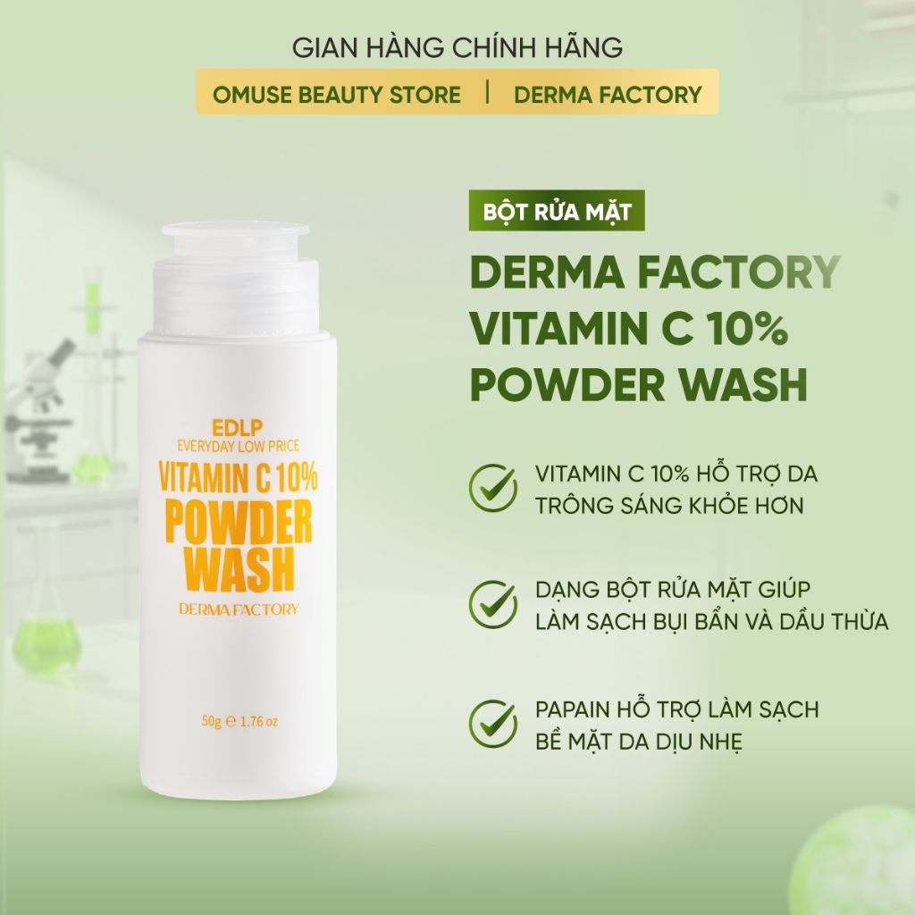 Bột Rửa Mặt Làm Sạch Và Làm Sáng Da Derma Factory Vitamin C 10% Powder Wash 50g Giúp Làm Sạch Sâu, Làm Sáng Và Cải Thiện