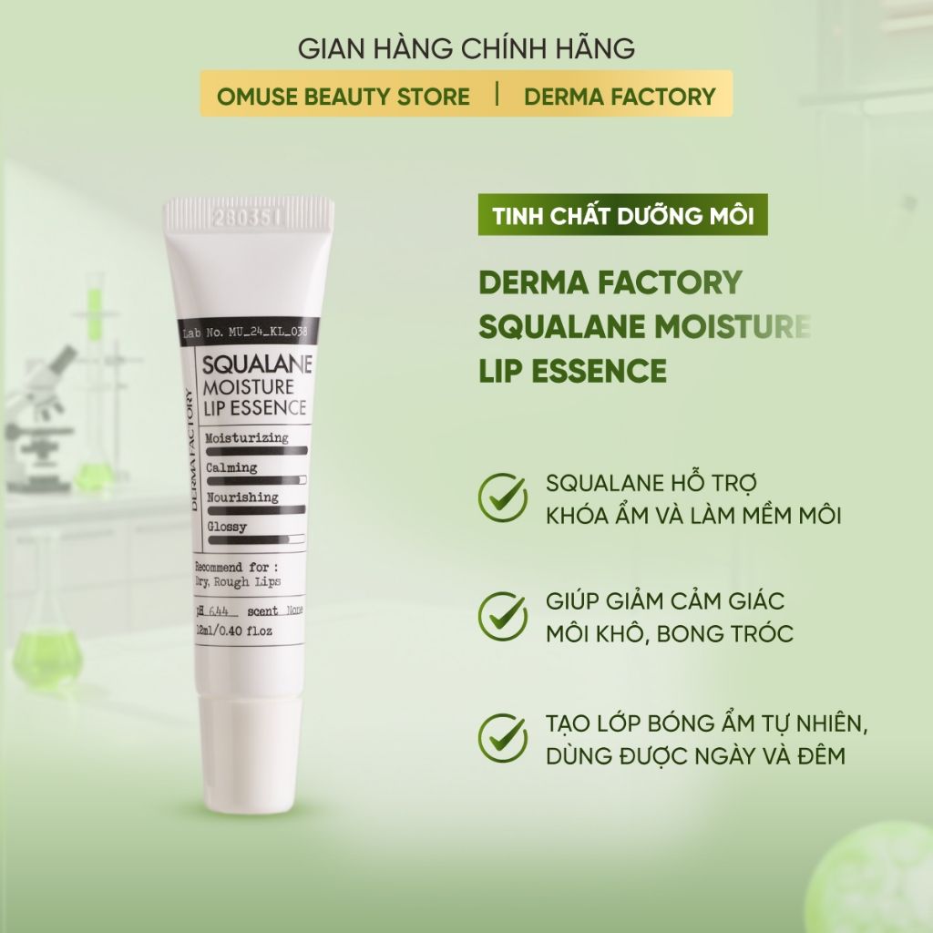 Tinh Chất Dưỡng Môi Và Cấp Ẩm Derma Factory Squalane Moisture Lip Essence 12ml Hỗ Trợ Làm Mềm Môi, Giảm Khô Nứt