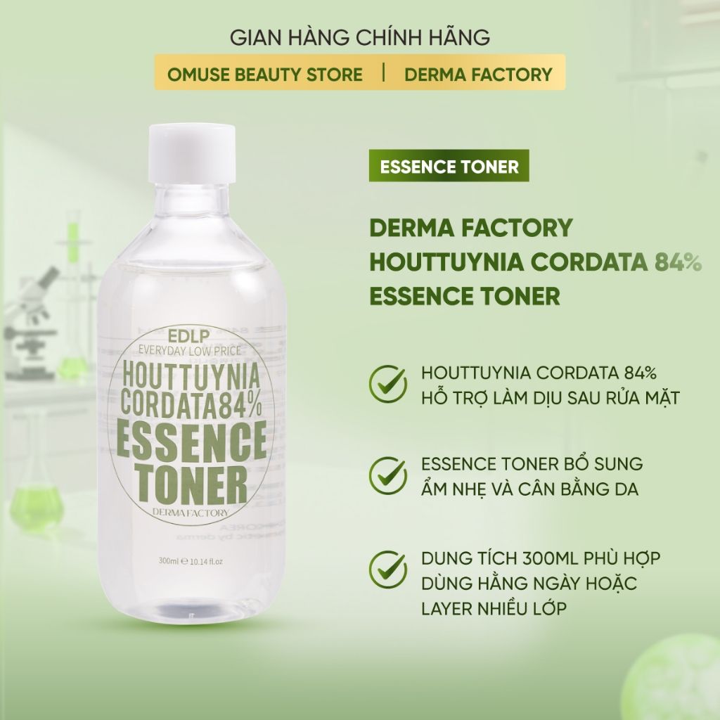 Nước Hoa Hồng Làm Dịu Và Cấp Ẩm Da Derma Factory Houttuynia Cordata 84% Essence Toner 300ml Hỗ Trợ Giảm Mụn