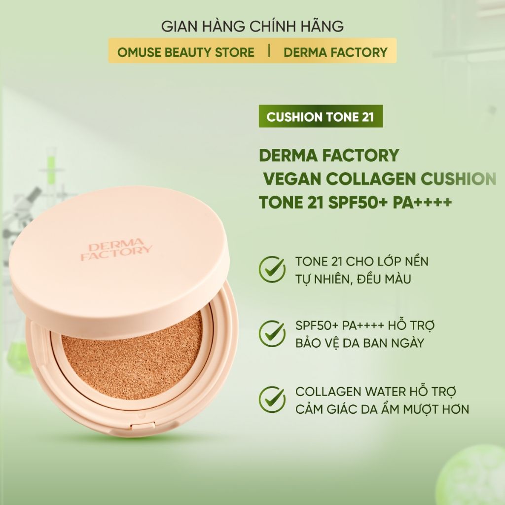 Phấn Nước Dưỡng Ẩm Và Nâng Tông Da Derma Factory Vegan Collagen Cushion Tone 21 SPF50+ PA++++ 15g Hỗ Trợ Che Khuyết Điểm