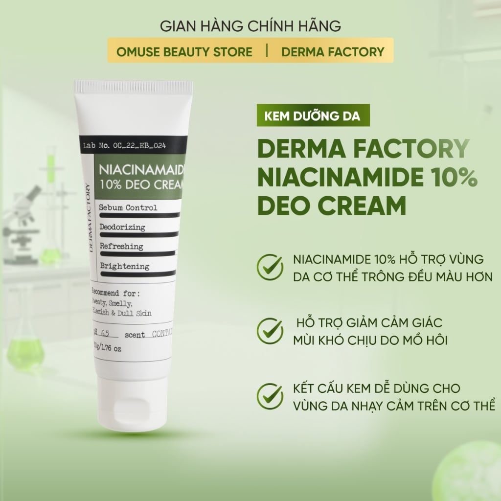 Kem Khử Mùi Cơ Thể Derma Factory Niacinamide 10% Deo Cream 50g Hỗ Trợ Ngăn Mùi, Dưỡng Da Và Giữ Cảm Giác Khô Thoáng