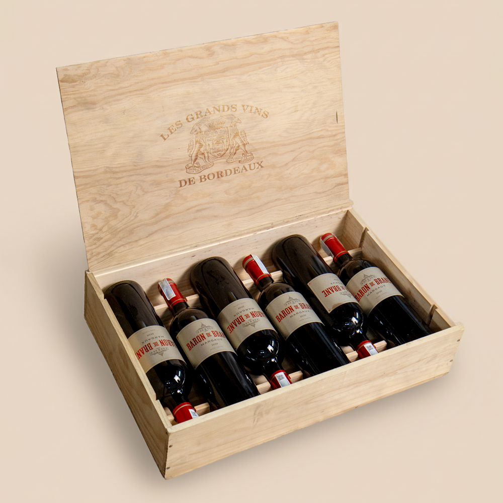  Hộp Gỗ Đựng 6 Chai Rượu Khắc logo Baron de Brane 