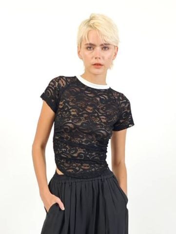 Áo Thun Ren Ngắn Tay Phối Cổ Tròn