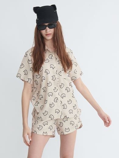 Áo sơ mi cộc tay cat print