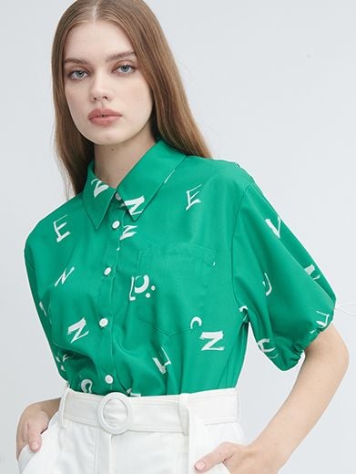 Sơ mi tay phồng họa tiết Letter