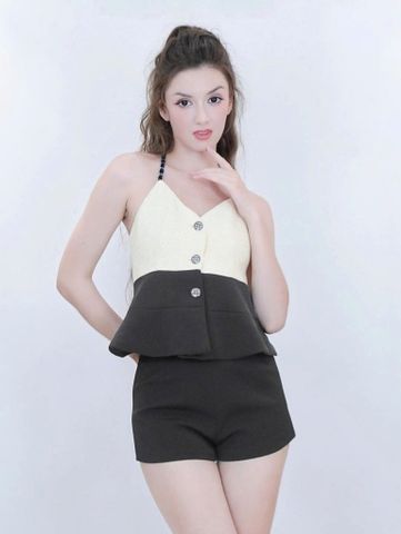 Jumpsuit Nữ Ngắn Cổ Yếm Phối Nút