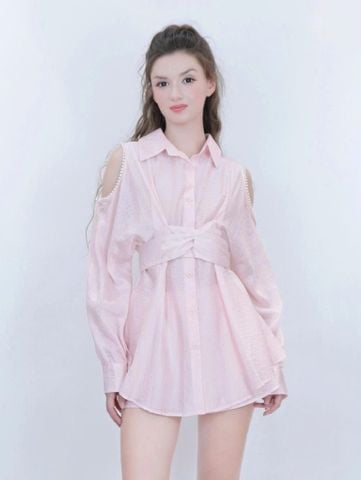 Đầm Nữ Sơ Mi Hồng Hở Vai Đính Ngọc