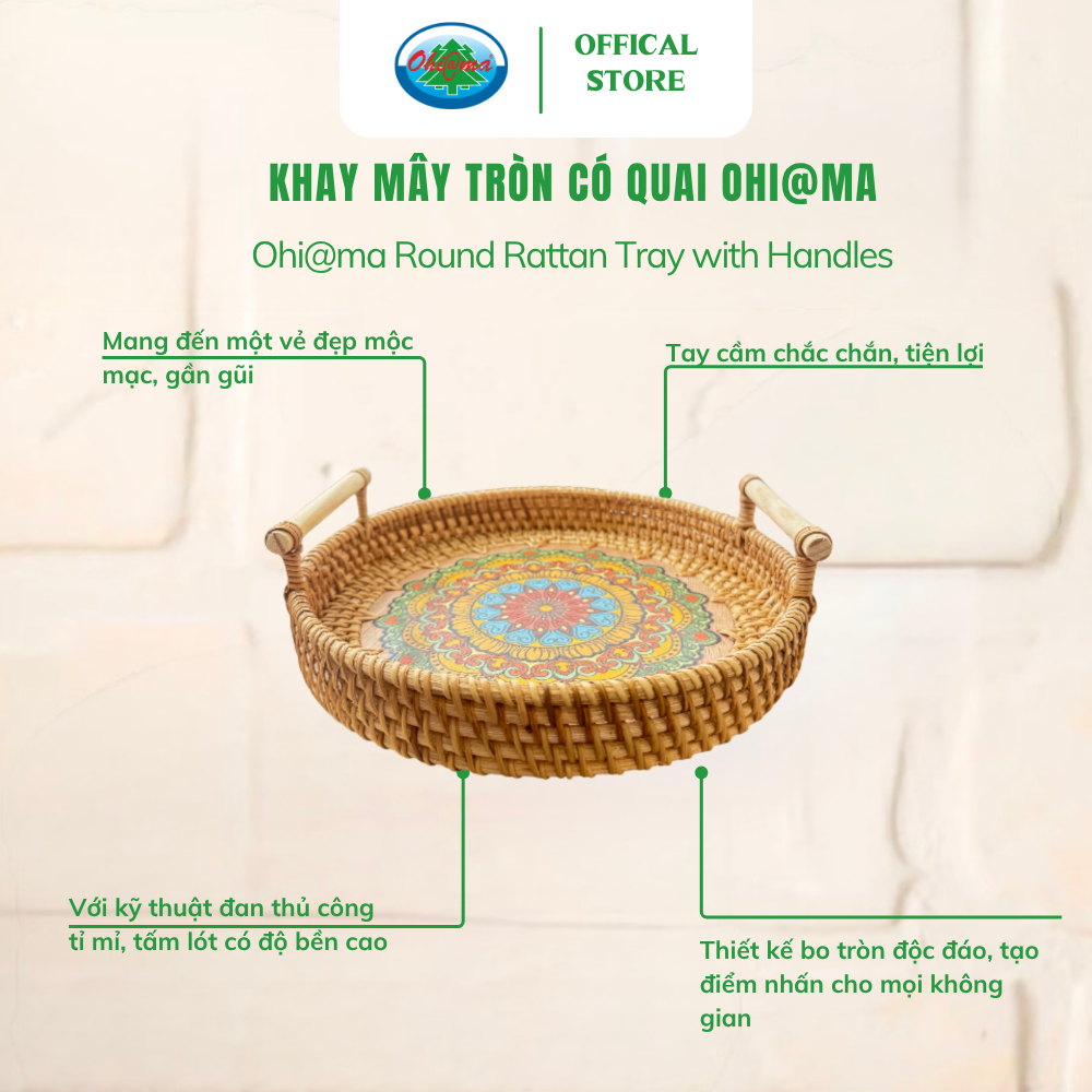  Khay Tròn Mây Đan Tre Tay Cầm Gỗ Đa Năng Ohi@ma Round Rattan Tray with Wooden Handles 