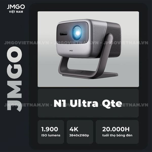 JMGO N1 Ultra Quốc Tế - Máy chiếu Triple-Laser DLP thông minh tích hợp Android TV 11 chính chủ, độ sáng 1900 ISO lumens, phân giải chuẩn 4K UHD và hỗ trợ đa tính năng thông minh
