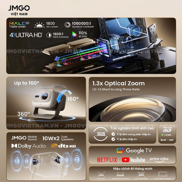 JMGO N3 4K Quốc tế - Máy chiếu Triple-Laser DLP thông minh tích hợp Google TV và Netflix chính chủ, độ sáng 1800 ISO lumens, phân giải chuẩn 4K UHD và hỗ trợ đa tính năng thông minh