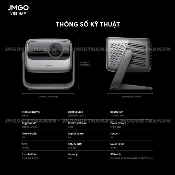 JMGO N1 Ultra Quốc Tế - Máy chiếu Triple-Laser DLP thông minh tích hợp Android TV 11 chính chủ, độ sáng 1900 ISO lumens, phân giải chuẩn 4K UHD và hỗ trợ đa tính năng thông minh