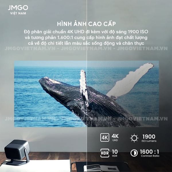JMGO N1 Ultra Quốc Tế - Máy chiếu Triple-Laser DLP thông minh tích hợp Android TV 11 chính chủ, độ sáng 1900 ISO lumens, phân giải chuẩn 4K UHD và hỗ trợ đa tính năng thông minh