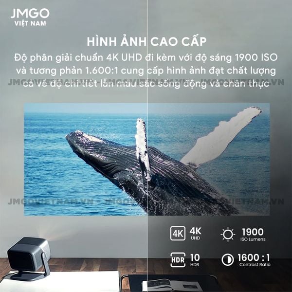 JMGO N1 Ultra Quốc Tế - Máy chiếu Triple-Laser DLP thông minh tích hợp Android TV 11 chính chủ, độ sáng 1900 ISO lumens, phân giải chuẩn 4K UHD và hỗ trợ đa tính năng thông minh
