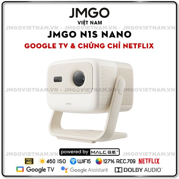 JMGO N1s Nano - Máy chiếu Triple-Laser DLP thông minh tích hợp Google TV và Netflix chính chủ, độ sáng 460 ISO lumens, phân giải chuẩn Full HD và hỗ trợ đa tính năng thông minh