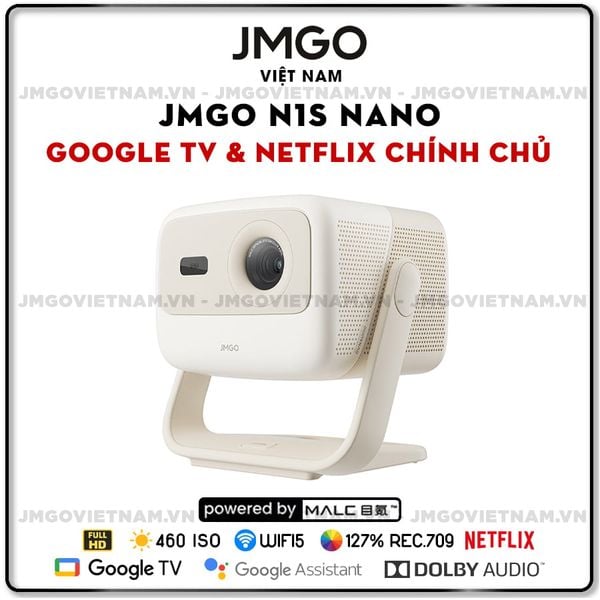 JMGO N1s Nano - Máy chiếu Triple-Laser DLP thông minh tích hợp Google TV và Netflix chính chủ, độ sáng 460 ISO lumens, phân giải chuẩn Full HD và hỗ trợ đa tính năng thông minh