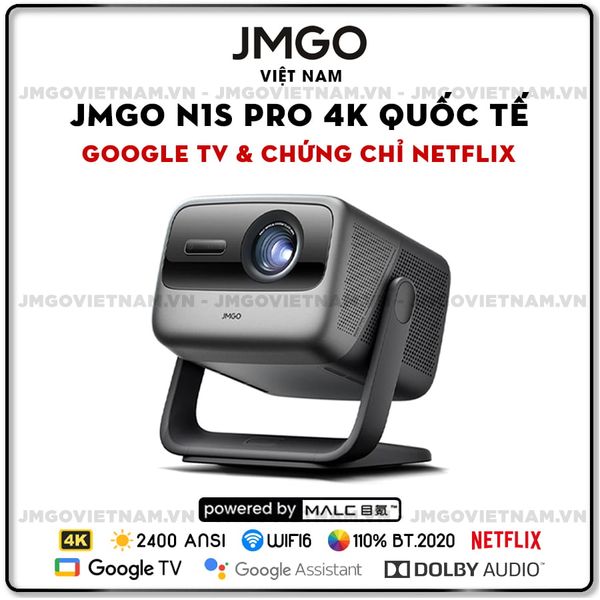 JMGO N1s Pro 4K Quốc tế- Máy chiếu Triple-Laser DLP thông minh tích hợp Google TV và Netflix chính chủ, độ sáng 2400 ansi lumens, phân giải chuẩn 4K UHD và hỗ trợ đa tính năng thông minh