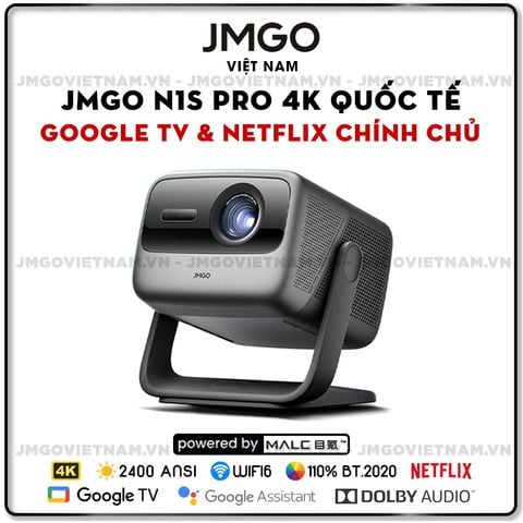 JMGO N1s Pro 4K Quốc tế- Máy chiếu Triple-Laser DLP thông minh tích hợp Google TV và Netflix chính chủ, độ sáng 2400 ansi lumens, phân giải chuẩn 4K UHD và hỗ trợ đa tính năng thông minh