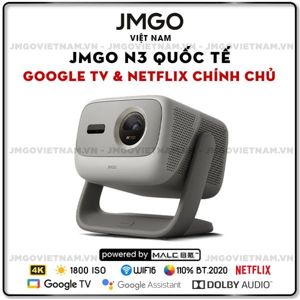 JMGO N3 Quốc tế - Máy chiếu Triple-Laser DLP thông minh tích hợp Google TV và Netflix chính chủ, độ sáng 1800 ISO lumens, phân giải chuẩn 4K UHD và hỗ trợ đa tính năng thông minh