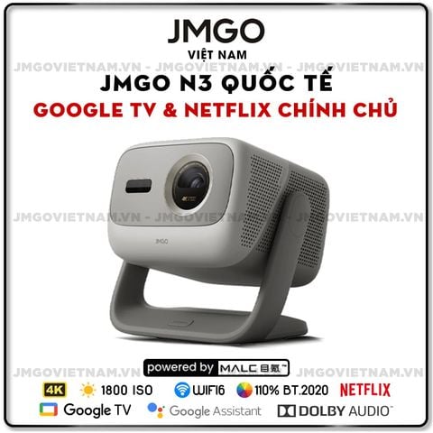 JMGO N3 Quốc tế - Máy chiếu Triple-Laser DLP thông minh tích hợp Google TV và Netflix chính chủ, độ sáng 1800 ISO lumens, phân giải chuẩn 4K UHD và hỗ trợ đa tính năng thông minh