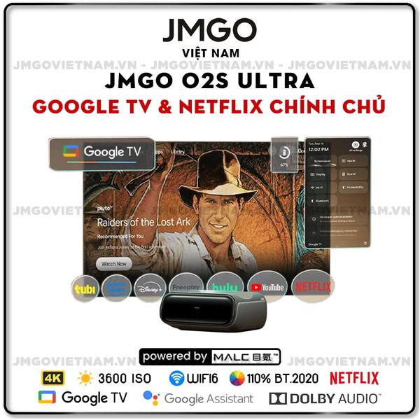 JMGO O2S Ultra - Máy chiếu siêu gần thông minh tích hợp Hệ điều hành Google TV và Netflix chính chủ, độ sáng 3.600 ISO lumens, phân giải chuẩn 4K UHD, tương phản động lên tới 3.000.000:1 và hỗ trợ đa tính năng thông minh