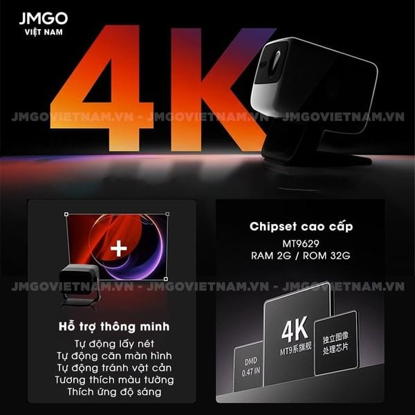 JMGO N1s Pro 4K Quốc tế- Máy chiếu Triple-Laser DLP thông minh tích hợp Google TV và Netflix chính chủ, độ sáng 2400 ansi lumens, phân giải chuẩn 4K UHD và hỗ trợ đa tính năng thông minh