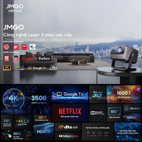 JMGO N1s Ultimate - Máy chiếu Triple-Laser DLP thông minh tích hợp Google TV và Netflix chính chủ, độ sáng 3500 ansi lumens, phân giải chuẩn 4K UHD và hỗ trợ đa tính năng thông minh