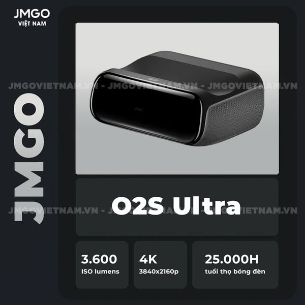 JMGO O2S Ultra - Máy chiếu siêu gần thông minh tích hợp Hệ điều hành Google TV và Netflix chính chủ, độ sáng 3.600 ISO lumens, phân giải chuẩn 4K UHD, tương phản động lên tới 3.000.000:1 và hỗ trợ đa tính năng thông minh