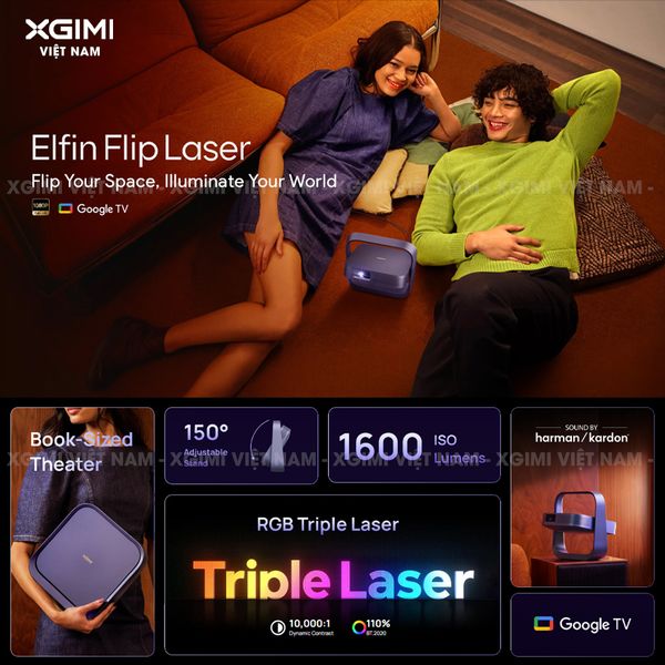 Xgimi Elifn Flip Laser - Máy chiếu thông minh tích hợp Google TV và Netflix chính chủ, sử dụng nguồn sáng Laser, độ sáng 1.600 ISO lumens, độ phân giải chuẩn Full HD cho hình ảnh và màu sắc cực đẹp