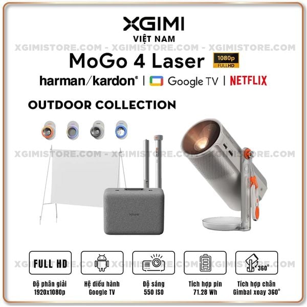 XGIMI MoGo 4 Laser Outdoor Collection - Máy chiếu di động thông minh tích hợp Google TV & Netflix bản quyền, độ sáng 550 ISO lumens, độ phân giải chuẩn Full HD, thiết kế chân Gimbal xoay 360 độ linh hoạt và Pin tích hợp 71.28Wh