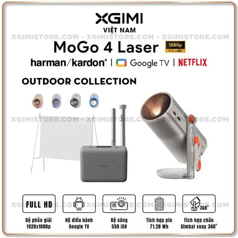 XGIMI MoGo 4 Laser Outdoor Collection - Máy chiếu di động thông minh tích hợp Google TV & Netflix bản quyền, độ sáng 550 ISO lumens, độ phân giải chuẩn Full HD, thiết kế chân Gimbal xoay 360 độ linh hoạt và Pin tích hợp 71.28Wh